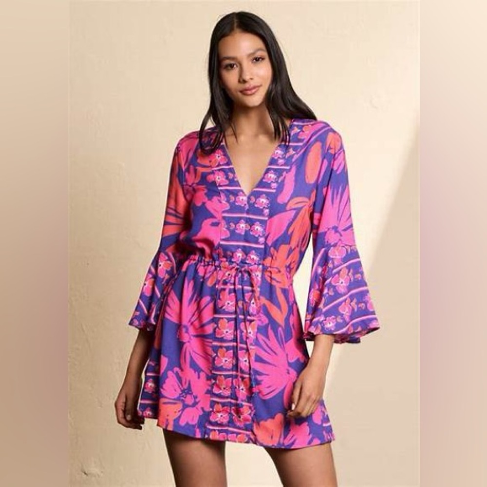 Maaji Women Spring Garden Potential Floral Blue Mini Dress/kaftan, size L